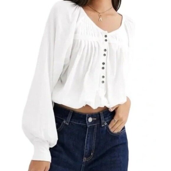 Free People White Balloon Sleeve Poet Semi-Sheer Top Blouse Size Small - Picture 1 of 9